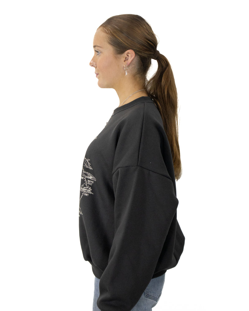 Side view of charcoal Salty South crewneck showing relaxed fit and crew neckline
