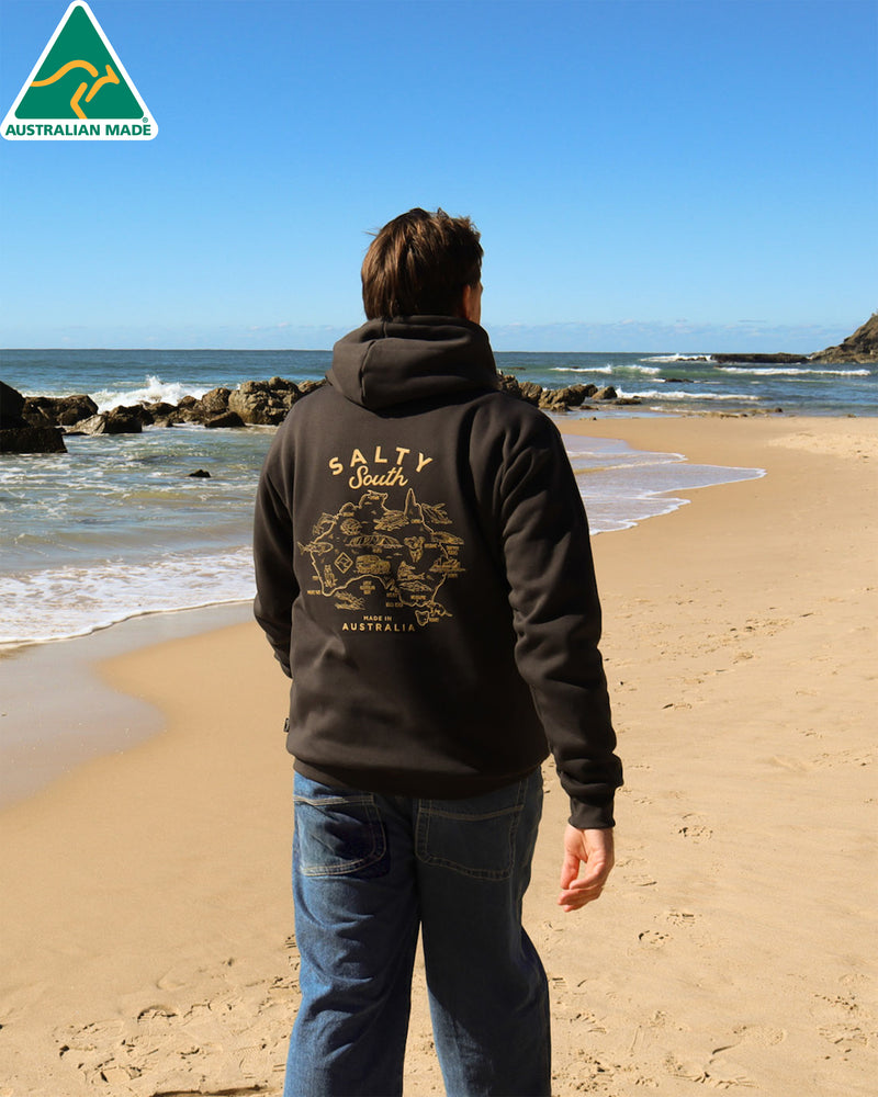 Charcoal Salty South hoodie with gold Australia map design and made in Australia text on the back