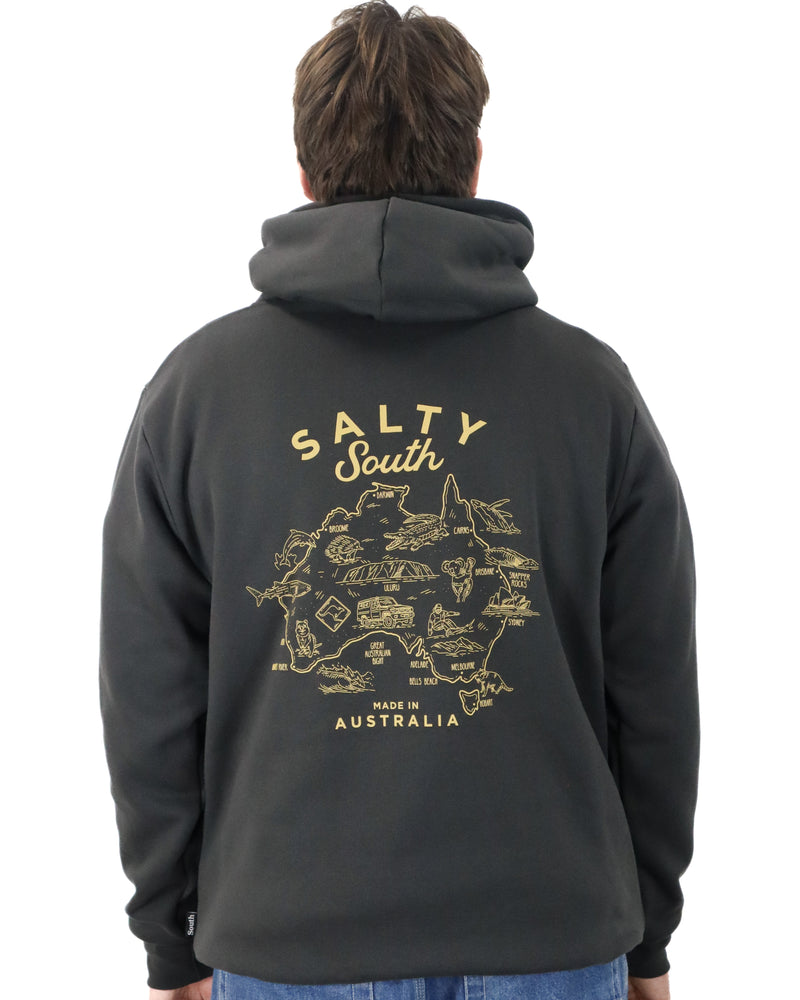 Back view of charcoal Salty South hoodie featuring gold illustrated Australia map and branding