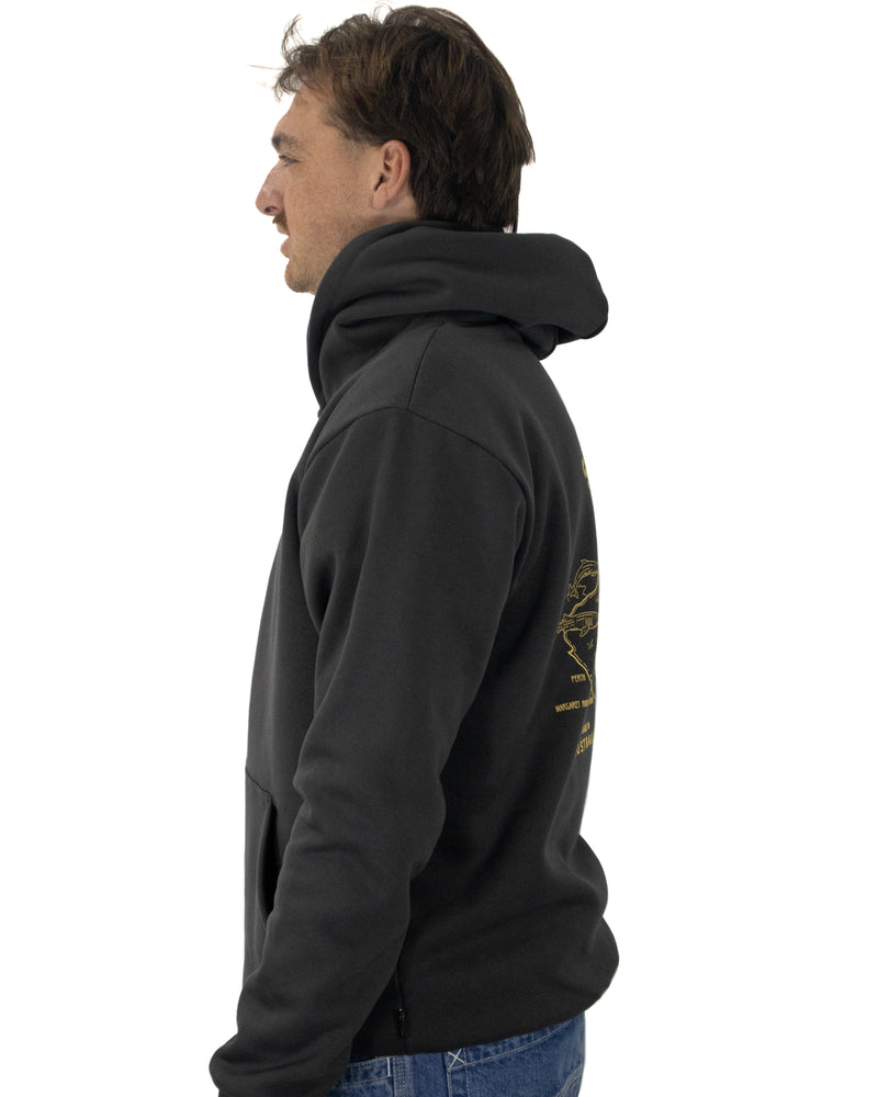 Side view of charcoal Salty South hoodie showing relaxed fit, kangaroo pocket, and hood