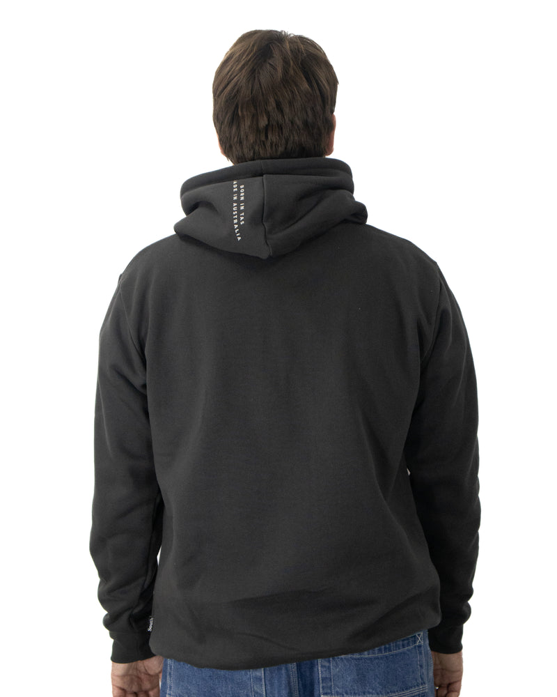 Back view of men’s Salty South hoodie in black featuring minimal design with branding printed on the hood.