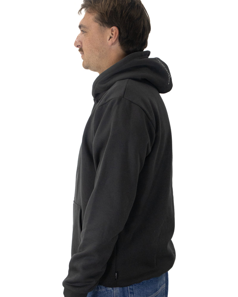 Side profile of men’s black fleece hoodie by Salty South, made in Australia with a casual, relaxed silhouette.