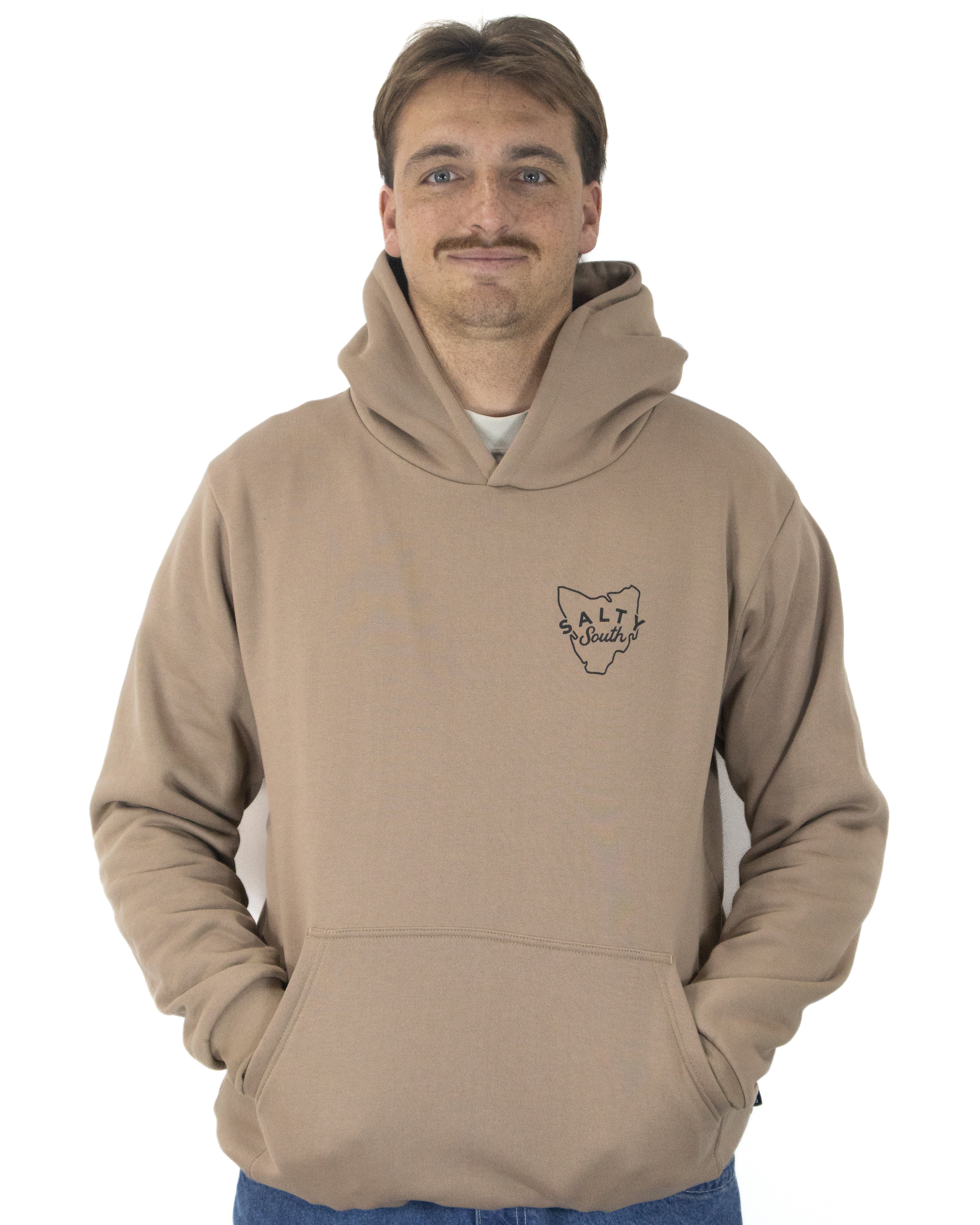 Front view of tan Salty South hoodie with Tasmania outline and chest logo