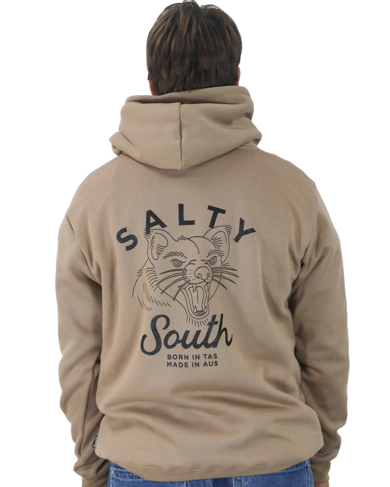 Back view of tan Salty South hoodie featuring roaring Tasmanian devil and bold logo