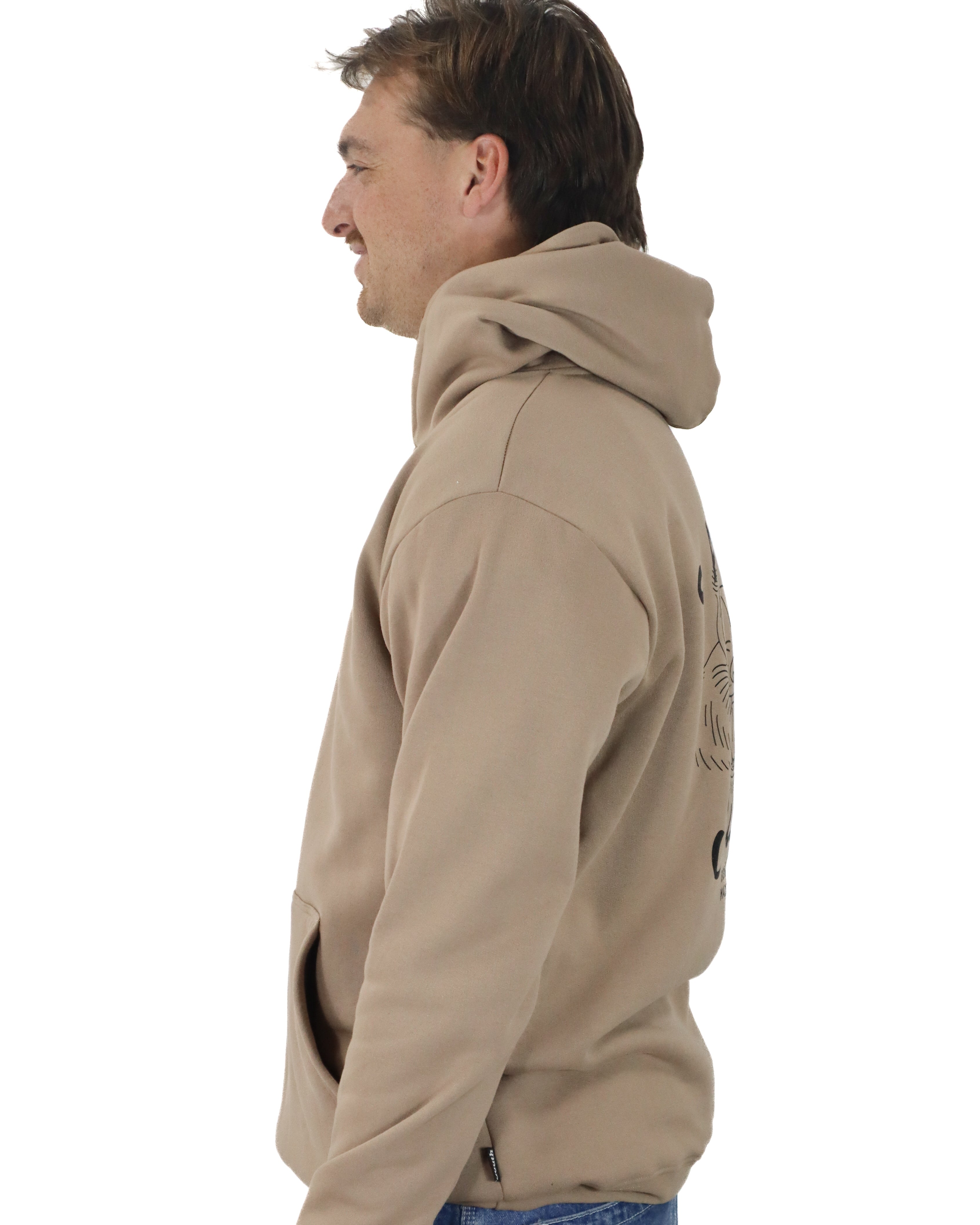 Side view of tan Salty South hoodie showing relaxed fit and front pocket