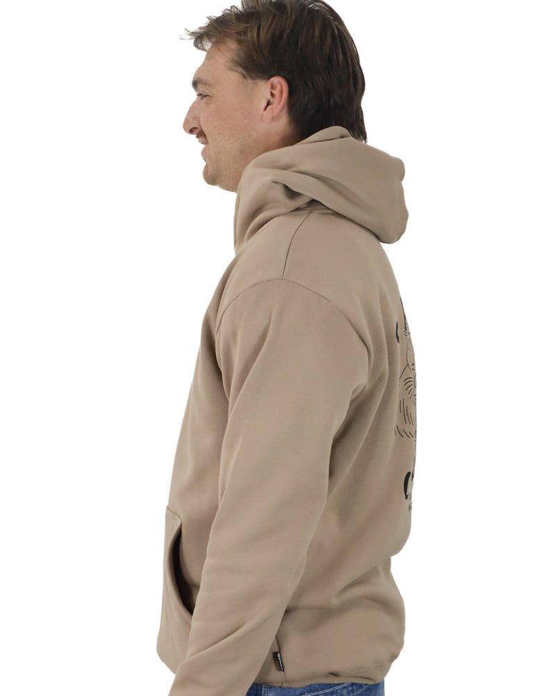Side view of tan Salty South hoodie showing relaxed fit and front pocket