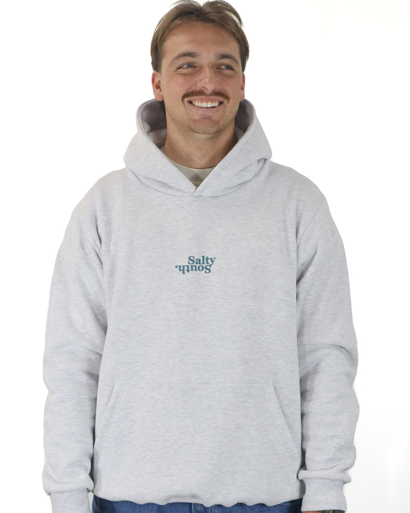 Front view of light grey Salty South hoodie with teal upside-down logo and relaxed fit