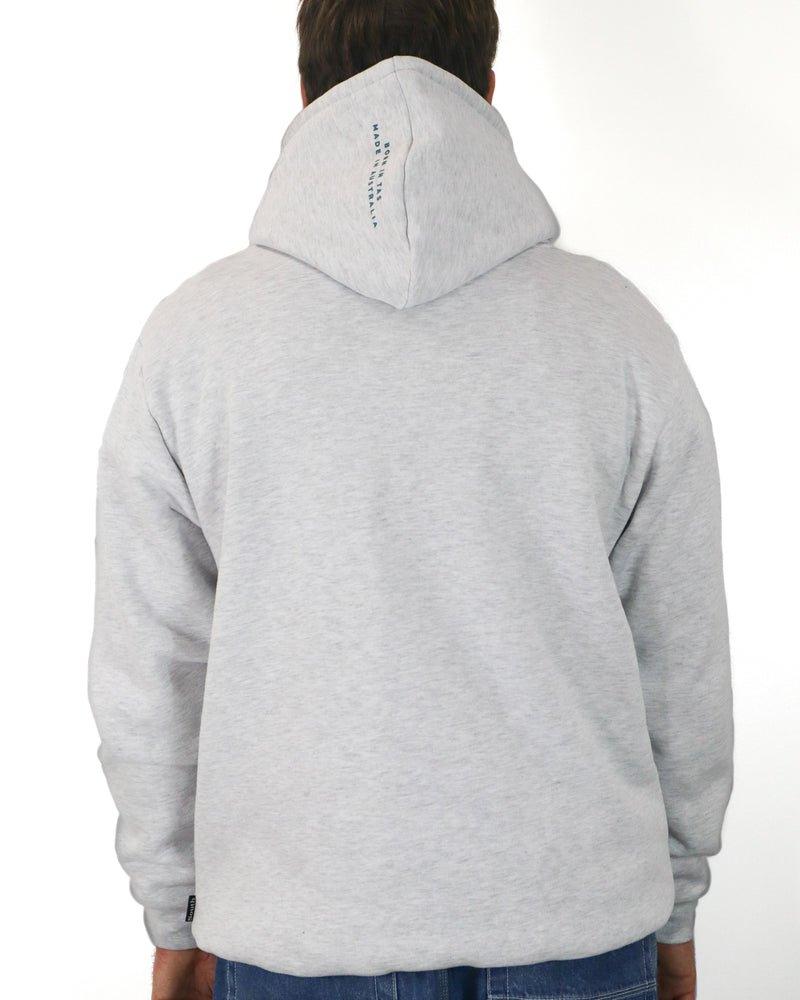 Back view of light grey Salty South hoodie with minimal design and small text on the hood