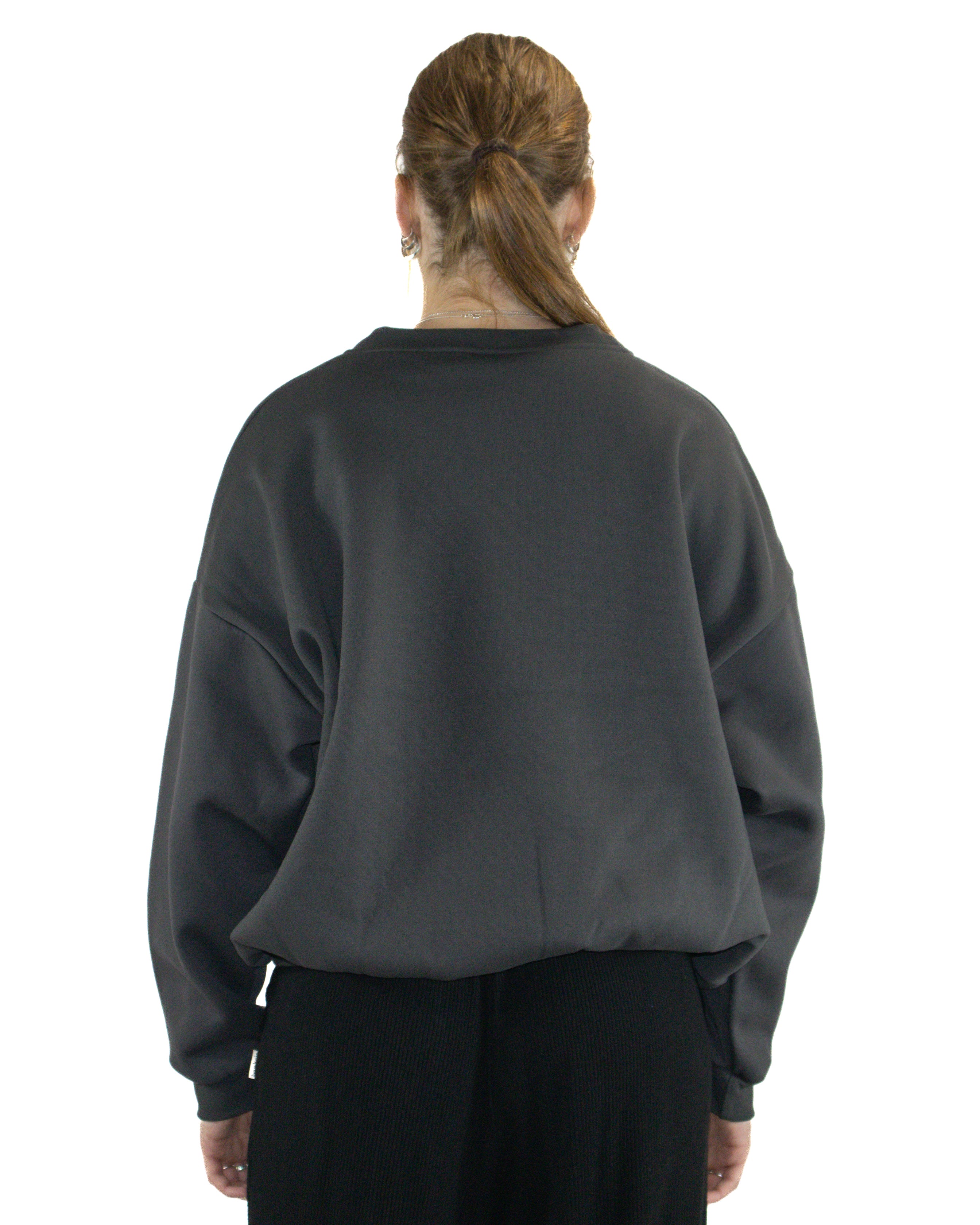 Back view of charcoal Salty South sweatshirt showing relaxed fit and dropped shoulder design.