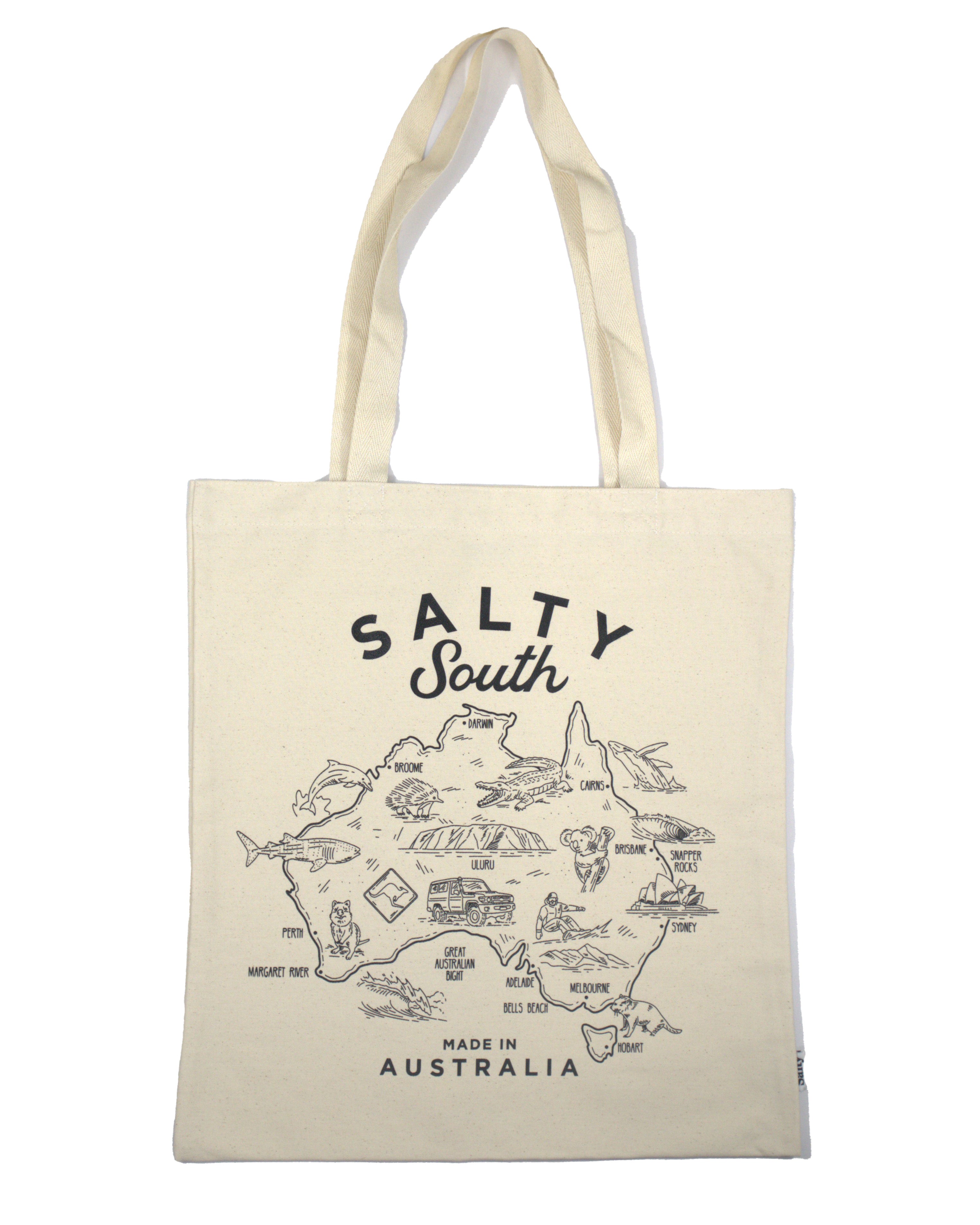Front view of canvas Salty South tote bag featuring detailed Australia map artwork and bold logo