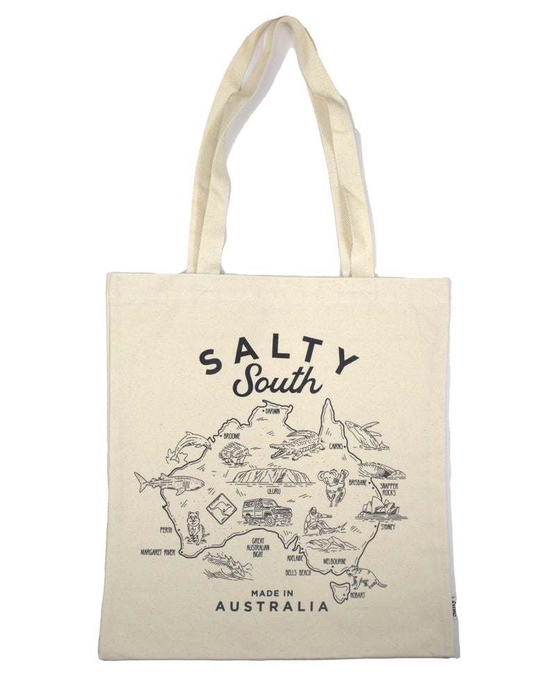 Front view of canvas Salty South tote bag featuring detailed Australia map artwork and bold logo