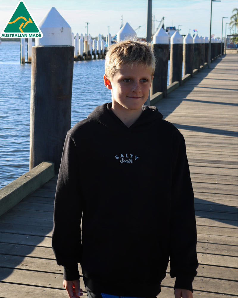 Kids black Salty South hoodie with small front logo, made in Australia from quality fleece for everyday comfort.