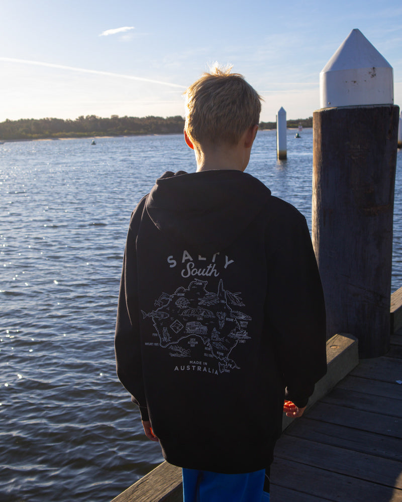 Back view of kids Salty South hoodie featuring detailed Australia map print and white logo design, made in Australia.