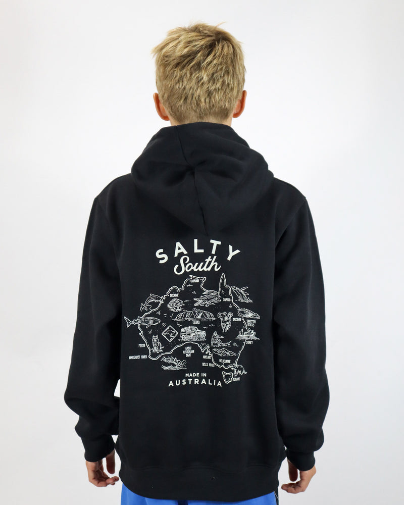 Studio shot of kids black Salty South hoodie with large Australia map print and Salty South branding on the back.