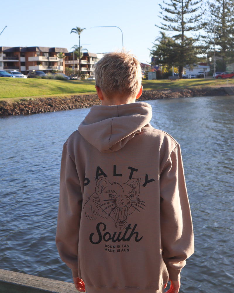Back view of kids tan Salty South hoodie with Tasmanian devil print and Born in TAS Made in AUS text