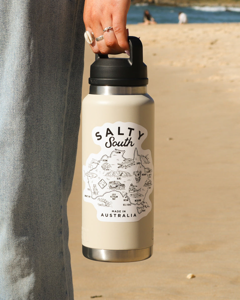 Salty South insulated bottle in cream with black map of Australia design and ‘Made in Australia’ text, perfect for adventures.
