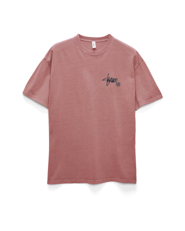 A dusty pink crewneck t-shirt featuring a relaxed fit and a small black graphic logo on the chest for a casual look.