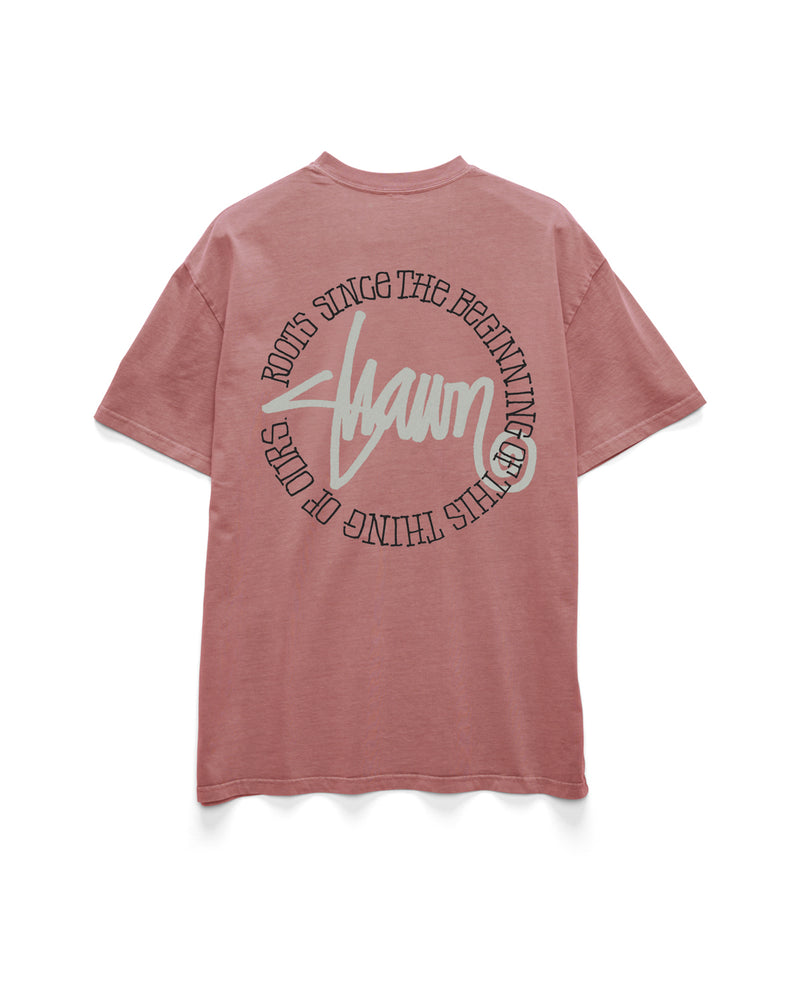 Back view of a dusty pink t-shirt featuring a large circular graphic with the text "Roots Since the Beginning" and a bold logo.