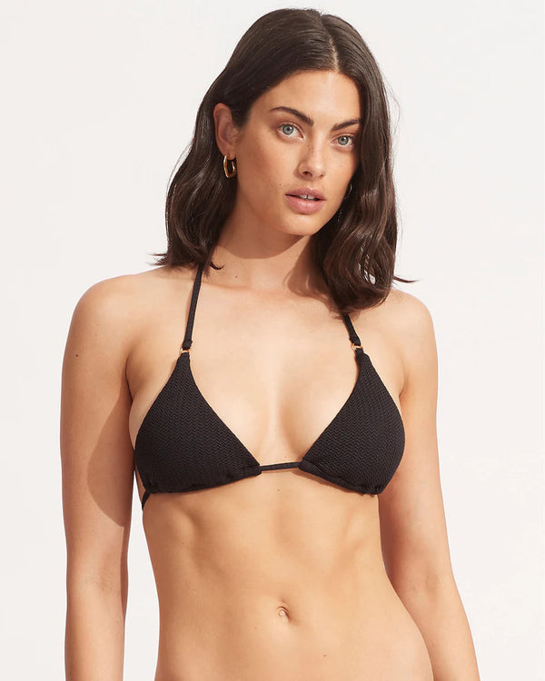 Black textured triangle bikini top with halter neck and gold ring hardware.