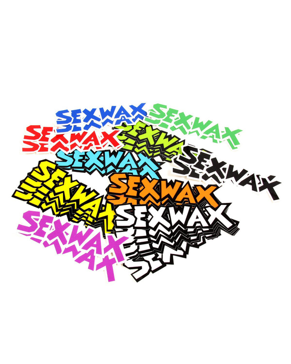 Colorful assortment of SEXWAX stickers in various fonts and colors, including blue, green, orange, pink, red, and black.