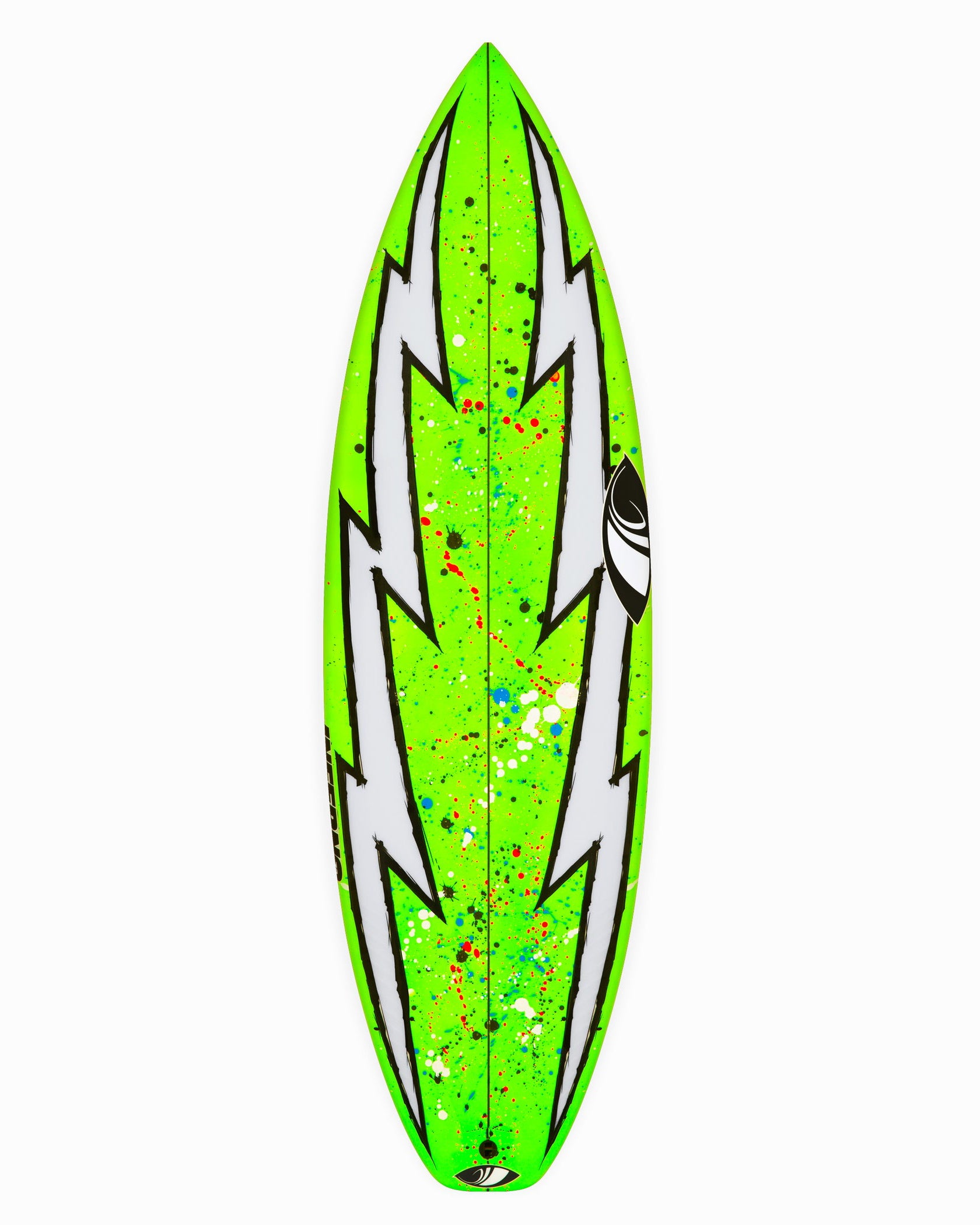 Neon green surfboard with bold white lightning bolt design and multicoloured paint splatter detail.