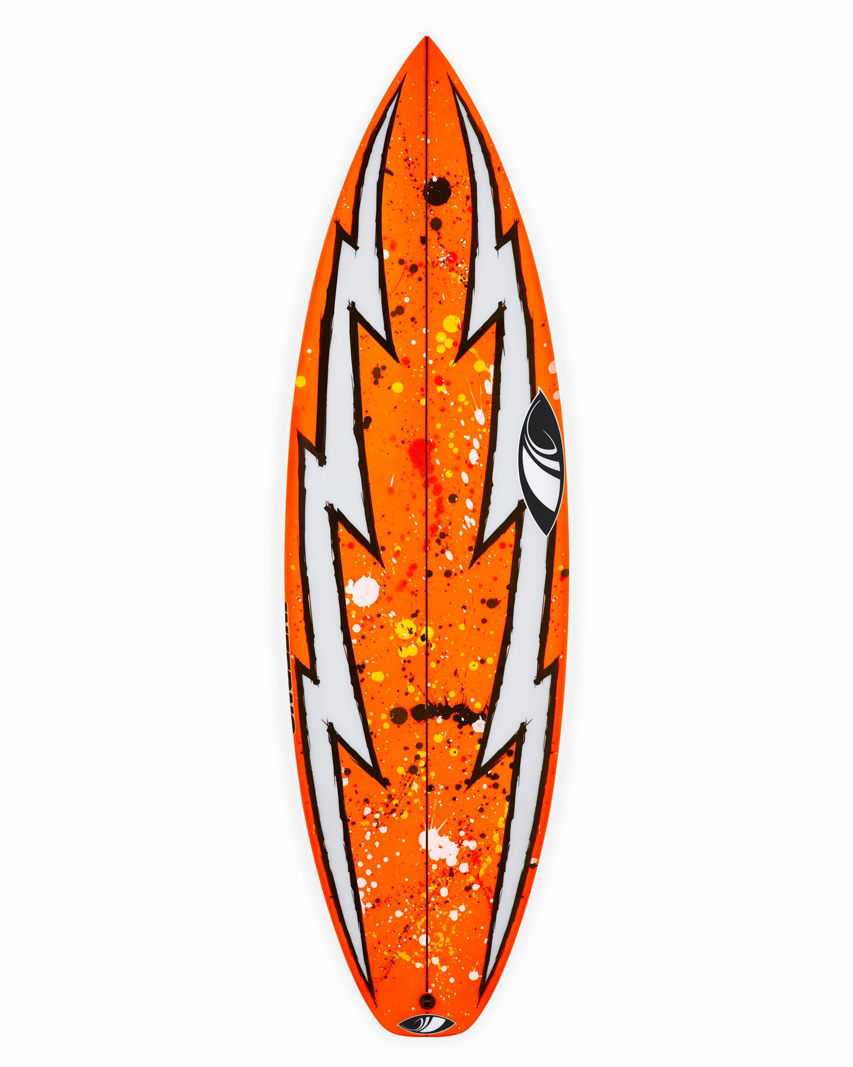 Neon green surfboard with bold white lightning bolt design and multicoloured paint splatter detail.