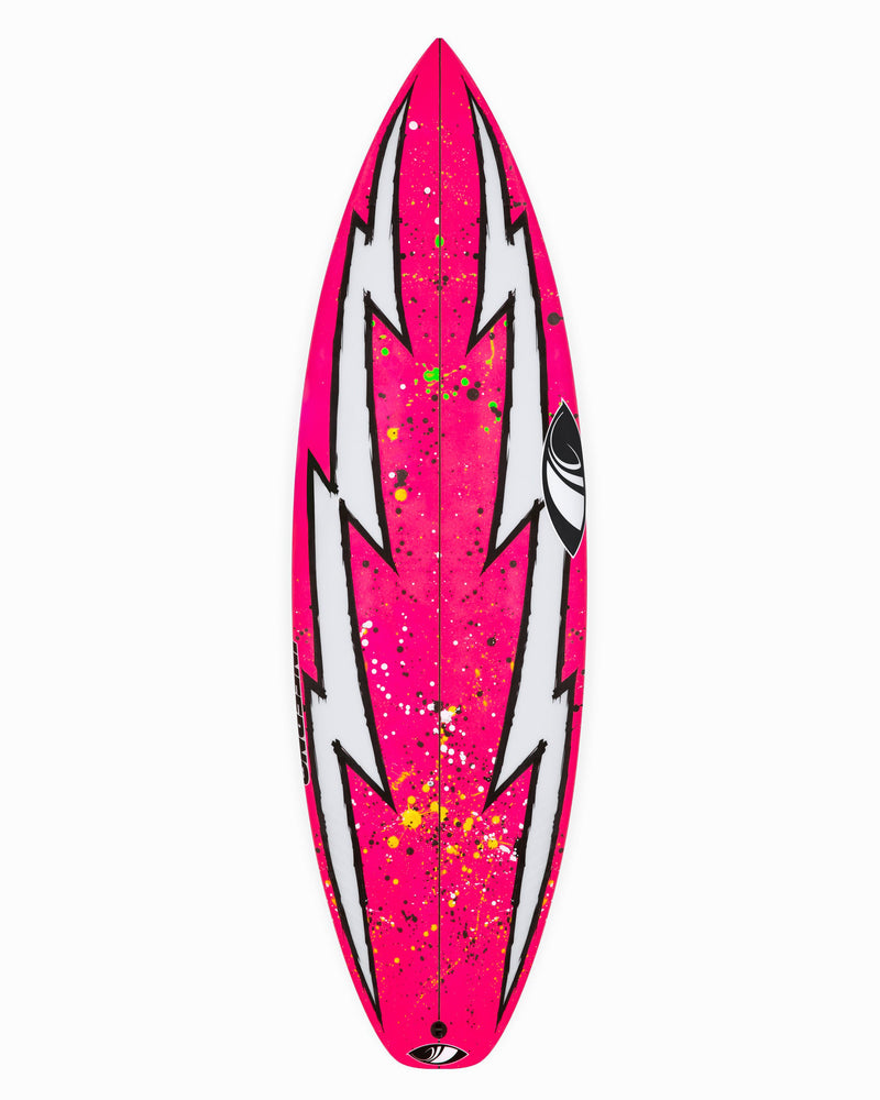 Pink and white surfboard with lightning bolt design on a white background