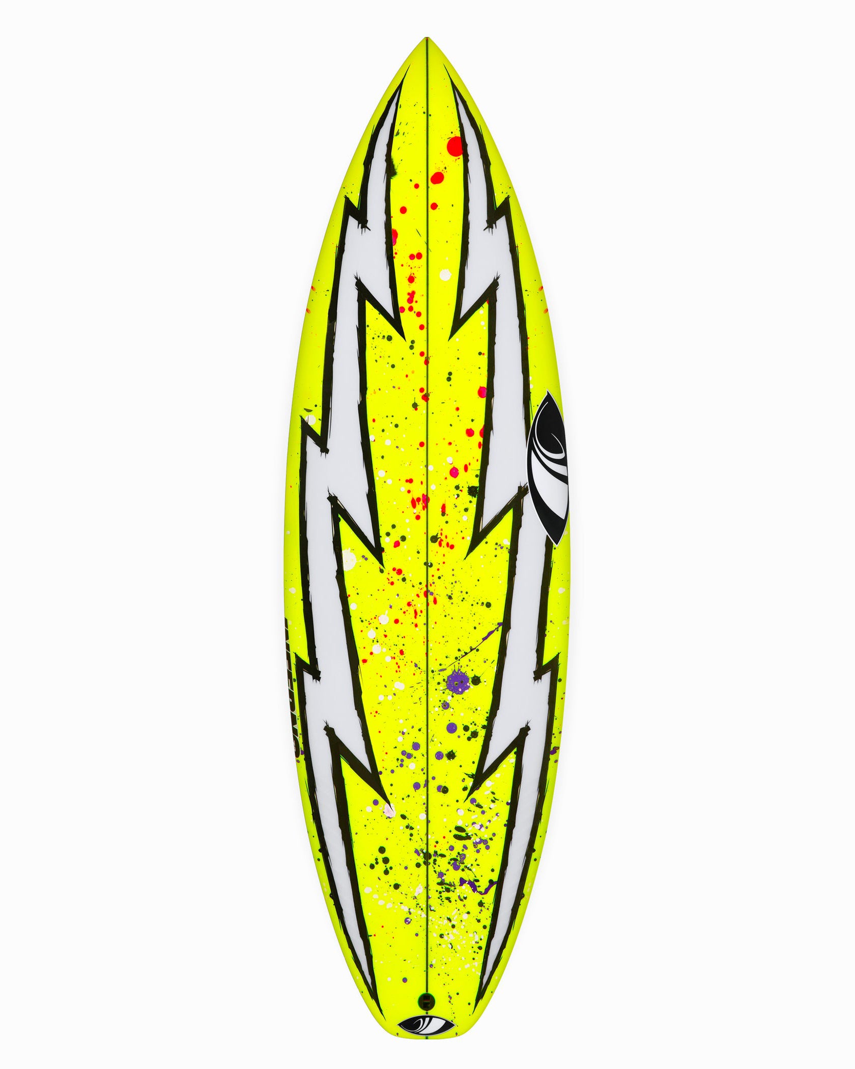 Yellow and black surfboard with lightning bolt design on a white background