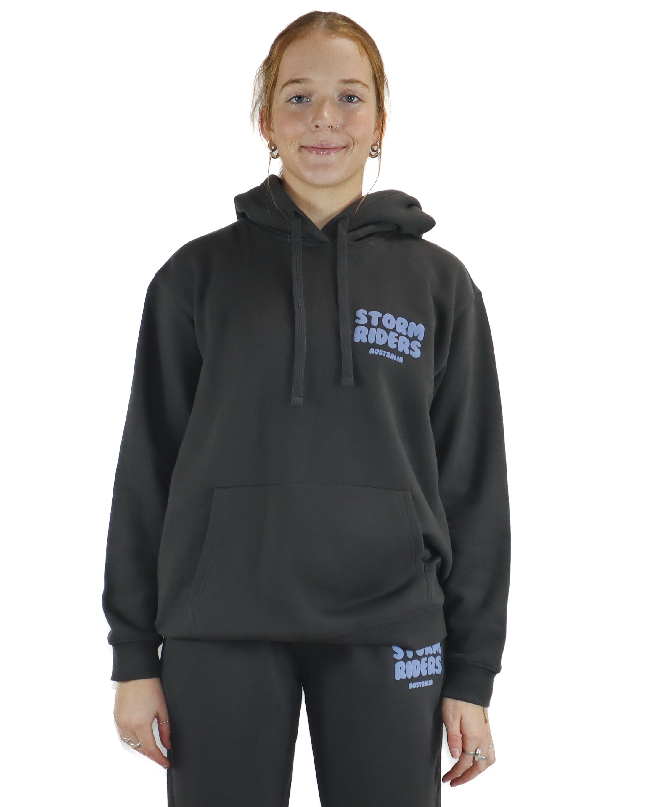 Black hoodie with purple Storm Riders Australia logo on chest and front pocket
