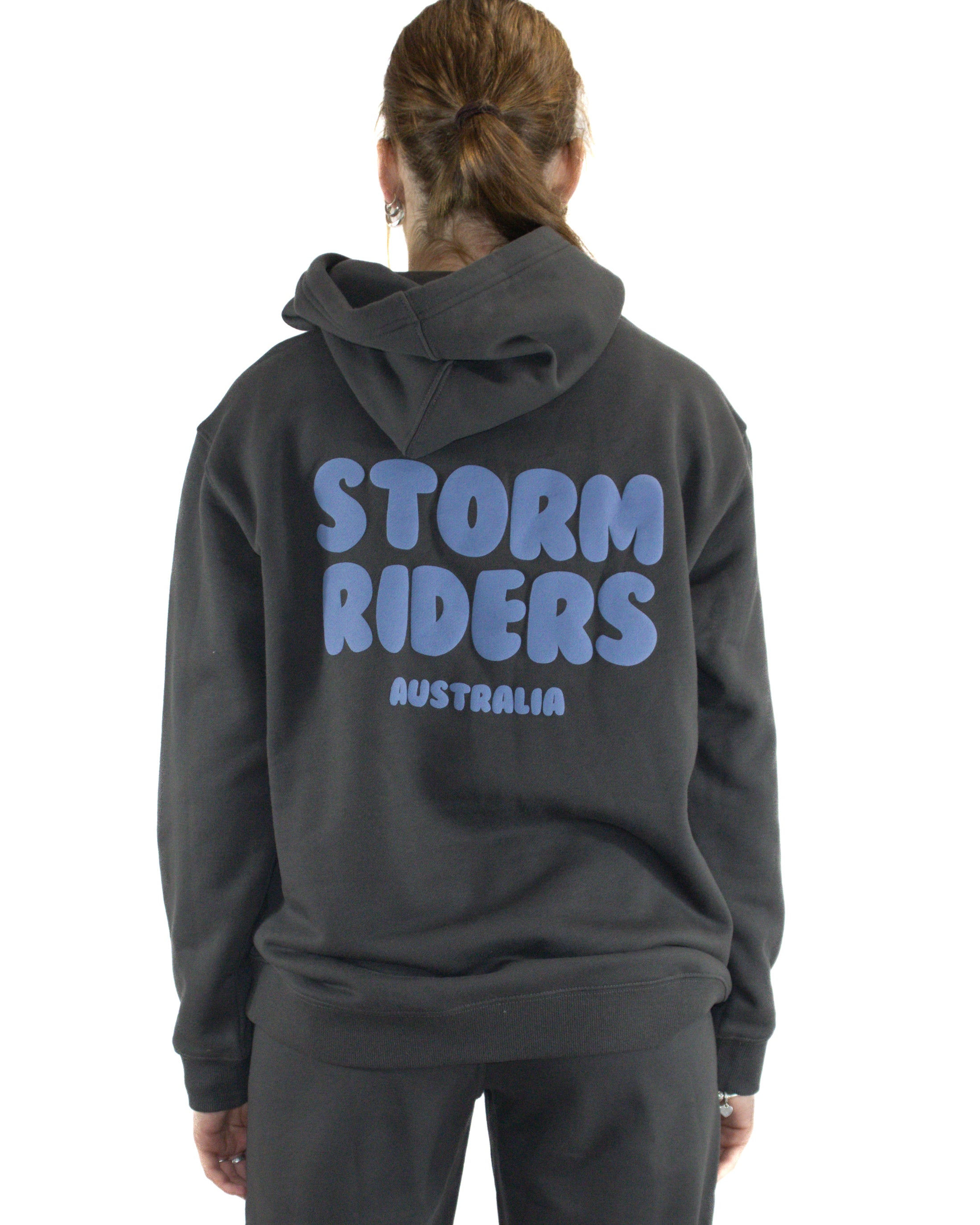 Back view of black hoodie with bold purple Storm Riders Australia logo