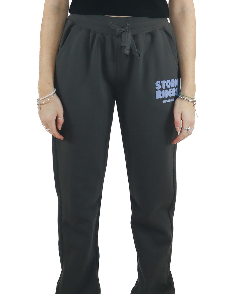 Charcoal Storm Riders track pants with drawstring waist and blue logo on the leg.