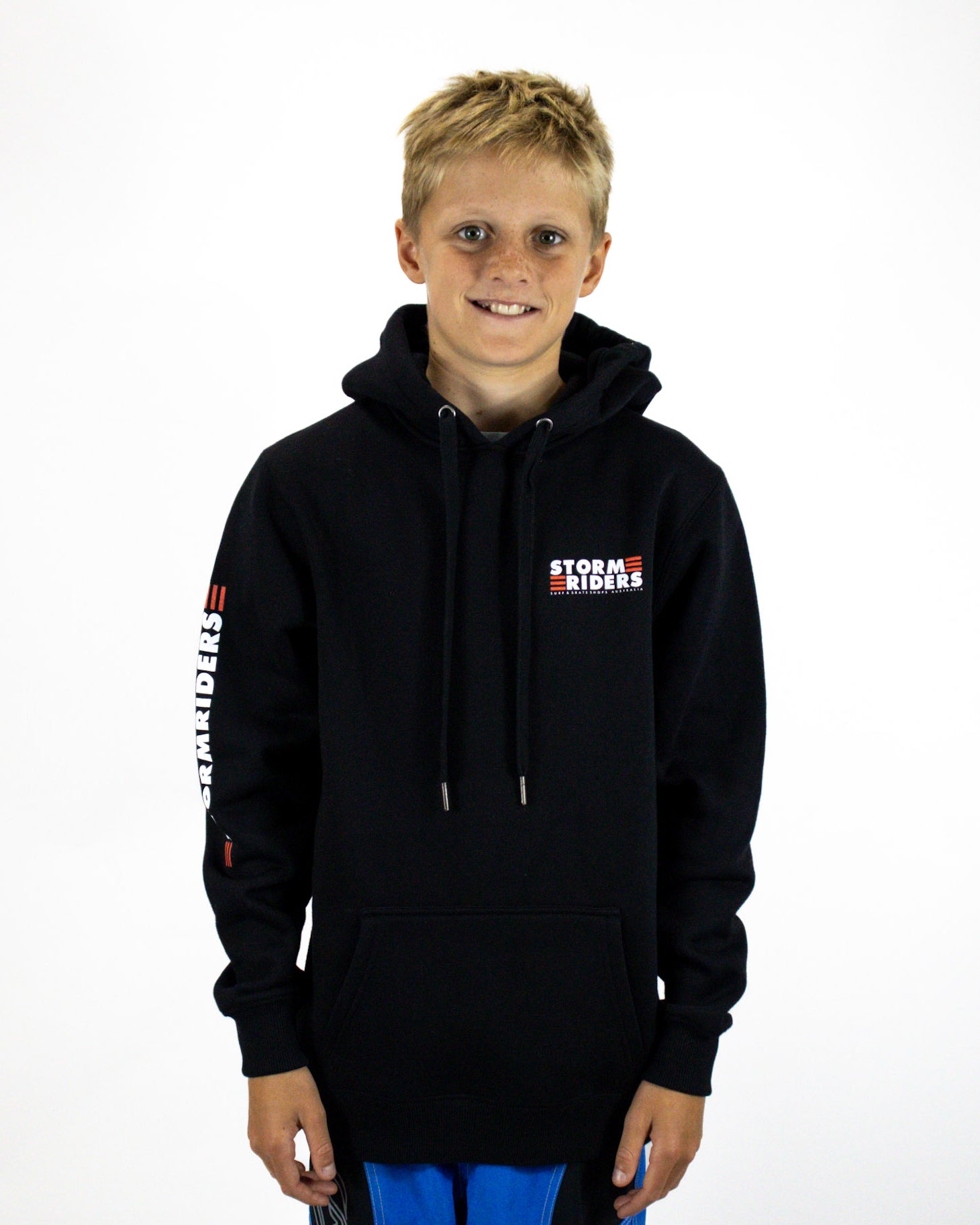 Kids black Stormriders hoodie with chest logo, drawstring hood and front pocket