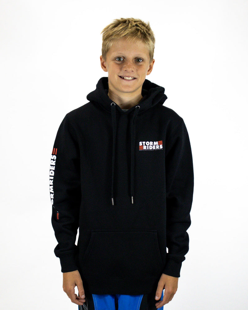 Kids black Stormriders hoodie with chest logo, drawstring hood and front pocket