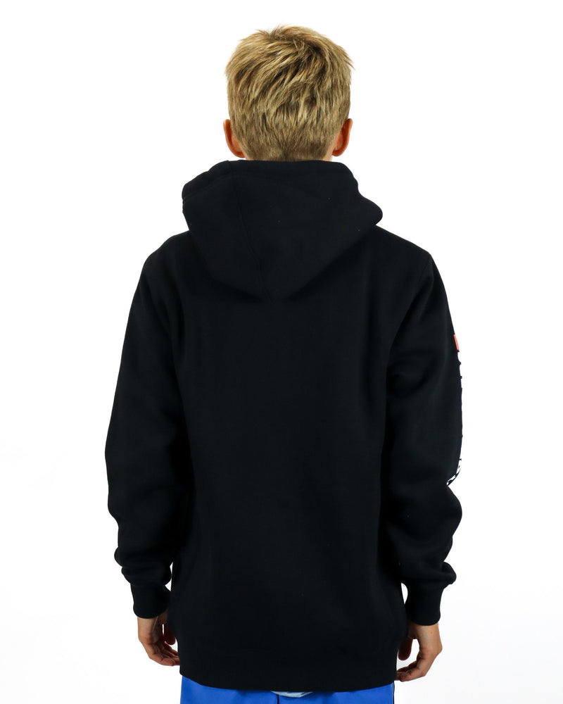 Back view of kids black Stormriders hoodie with plain back and relaxed fit