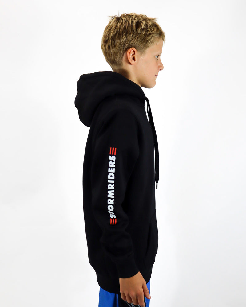 Side view of kids black Stormriders hoodie with bold red and white Stormriders sleeve print