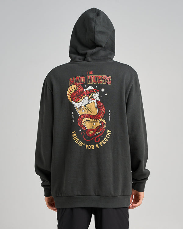 Back view of black hoodie with 'The Mad Hueys' graphic of a red snake wrapped around a beer glass and text 'Fangin' for a Frothy'