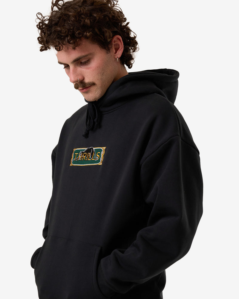 Model wearing a black hoodie with a colorful 'Thrills' logo patch on the chest, oversized fit, and front kangaroo pocket.