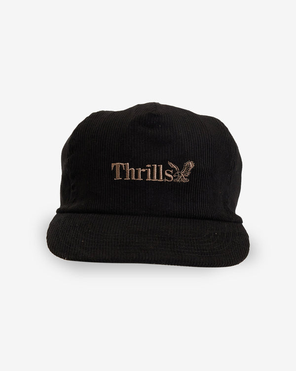 Black corduroy cap with embroidered "Thrills" logo and eagle design on the front, featuring a curved brim and structured fit.