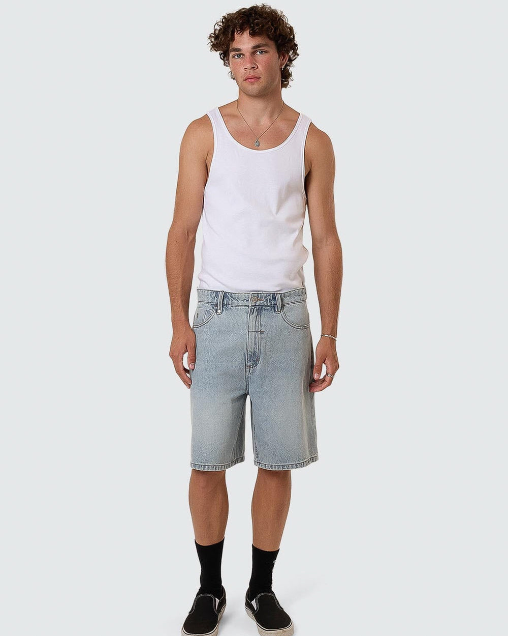 Light blue denim shorts with a relaxed fit and front pockets.