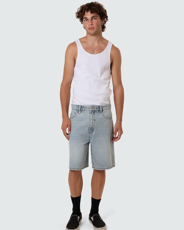 Light blue denim shorts with a relaxed fit and front pockets.
