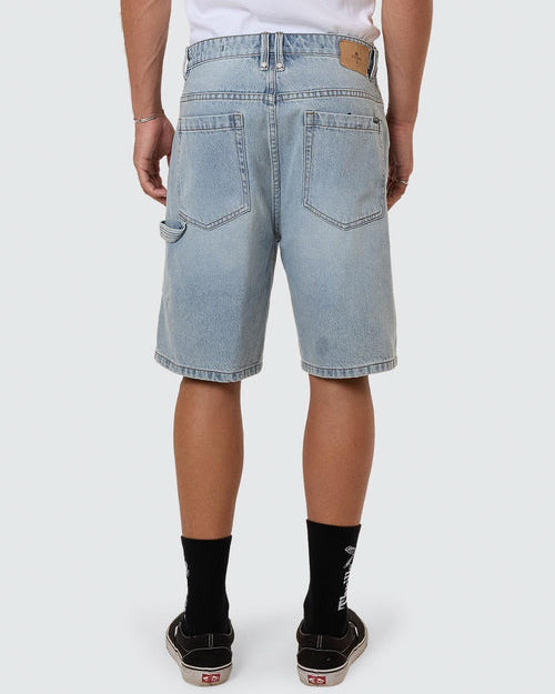 Light blue denim shorts with a relaxed fit and two large back pockets.