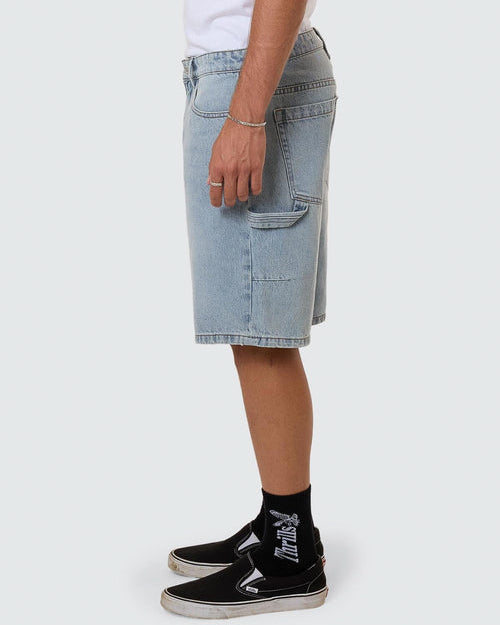 Light blue denim shorts with a relaxed fit and side utility pocket.