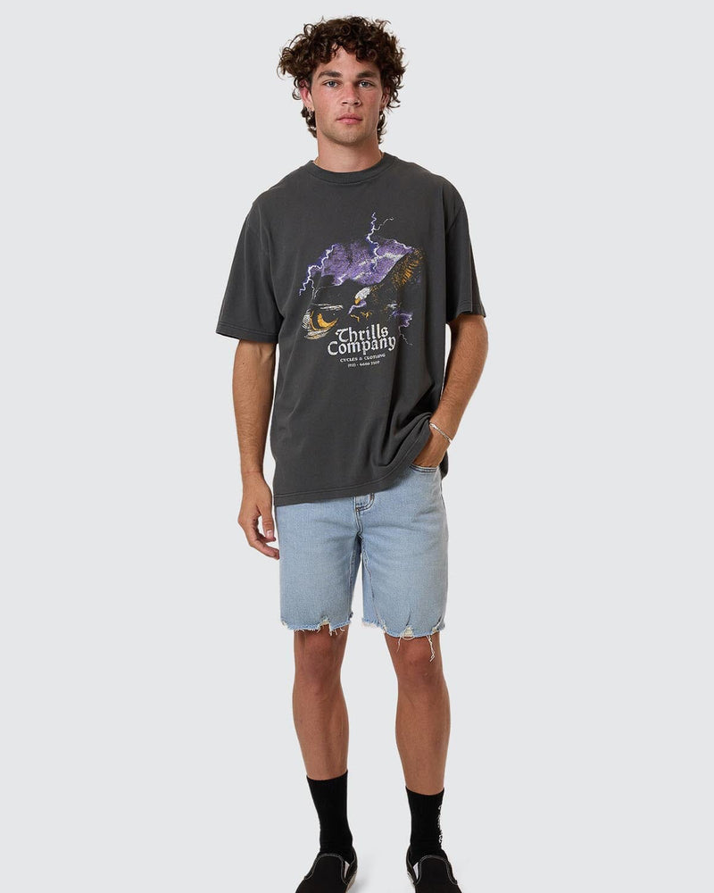 Full outfit with light blue Thrills denim shorts and graphic tee