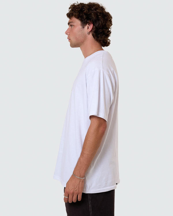 Side view of white oversized Thrills logo tee