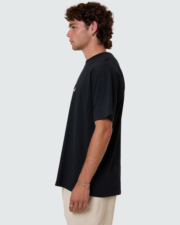Side view of black Thrills t-shirt with relaxed fit and short sleeves
