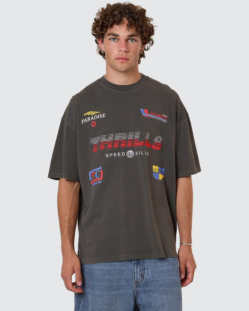 Charcoal graphic tee with Thrills Speed Kills print on front