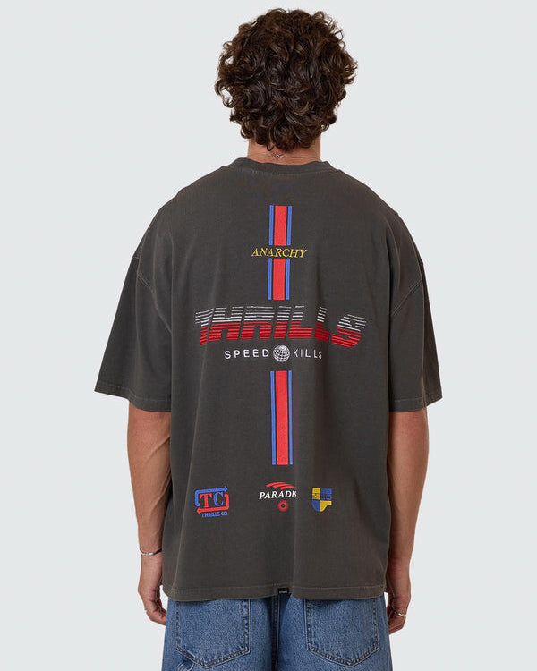 Back view of charcoal graphic tee with bold Thrills logo and stripes