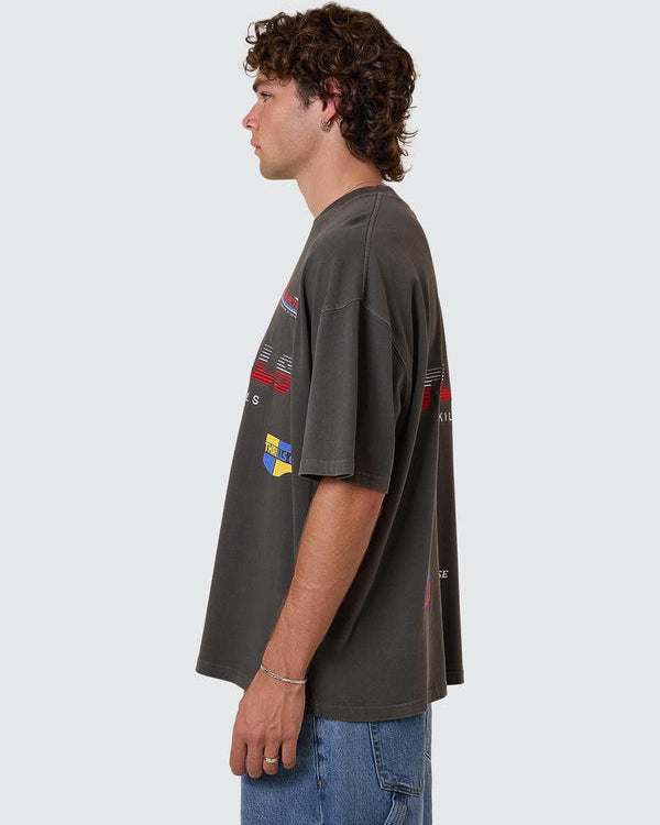 Side view of charcoal graphic tee with oversized fit and prints