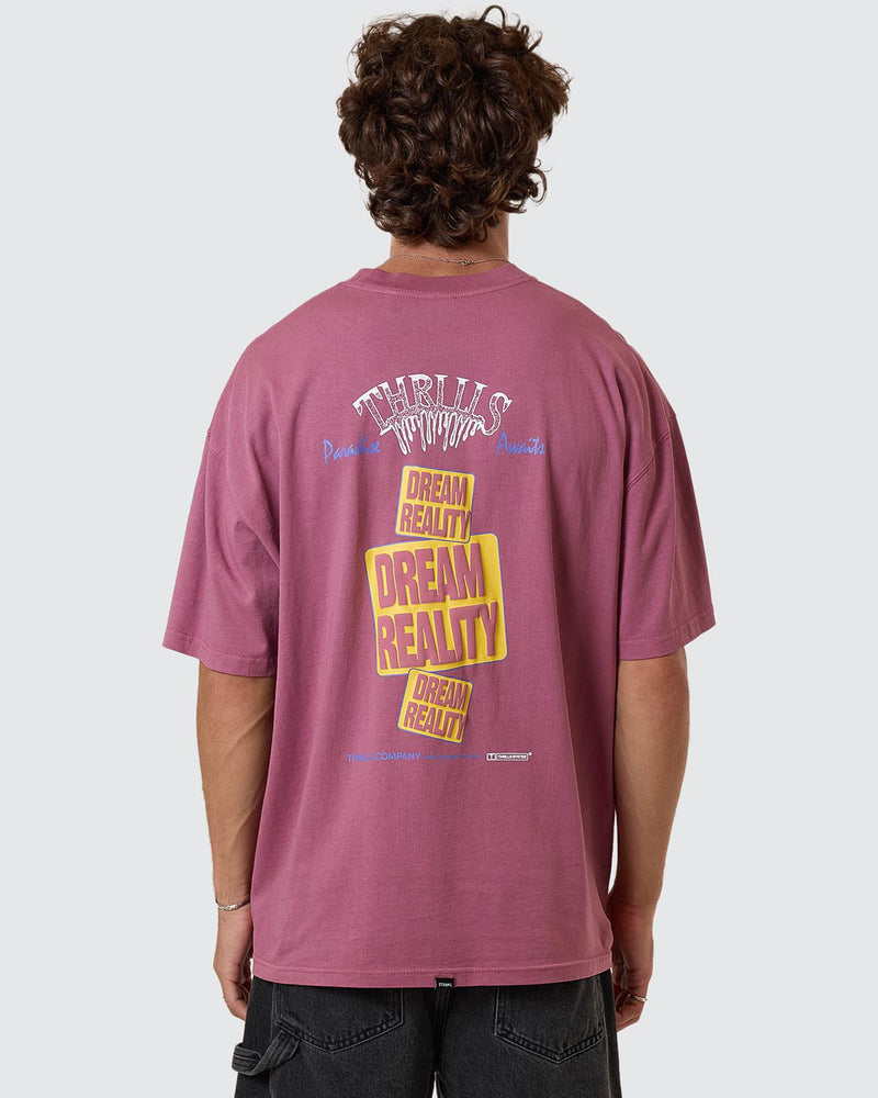 Back view of pink graphic tee with large Dream Reality graphic