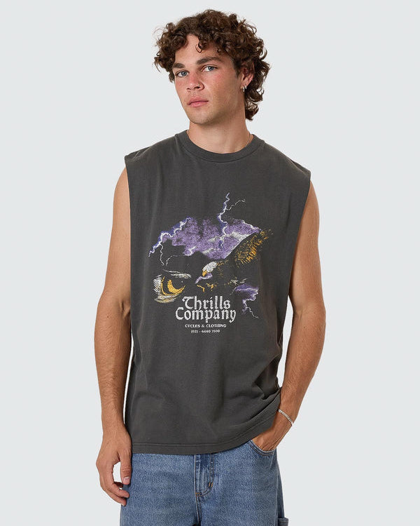 Faded black sleeveless tee with Thrills Company eagle and lightning graphic on front